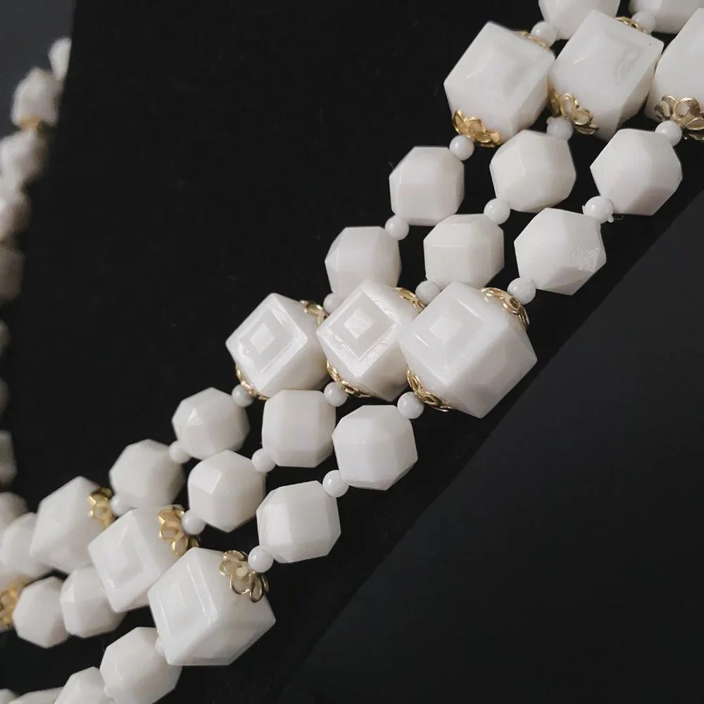 Vintage Hong Kong White Gold Square Chunky Beaded Layered Multi Strand Necklace - Picture 5 of 12